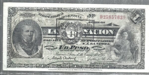 ARGENTINA 1 PESO RESELLO 1897 LA NACION CAJA CONVERSION BOT 1306