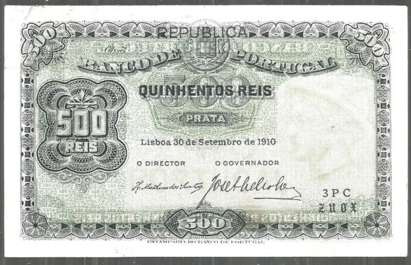 PORTUGAL 500 REIS PLATA 1910 VF+