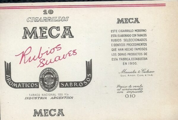 MARQUILLA MECA 10 CIGARRILLOS INDUSTRIA ARGENTINA SOFT