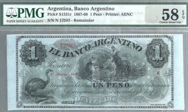 ARGENTINA BILLETE EL BANCO ARGENTINO CERTIFICADO 1767-68 1 PESO