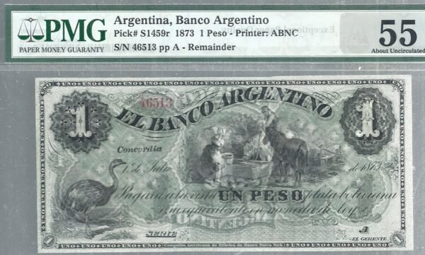 ARGENTINA BILLETE EL BANCO ARGENTINO CERTIFICADO 1873 1 PESO