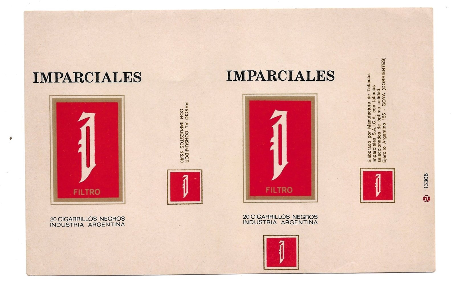 MARQUILLA IMPARCIALES 20 CIGARRILLOS INDUSTRIA ARGENTINA SOFT