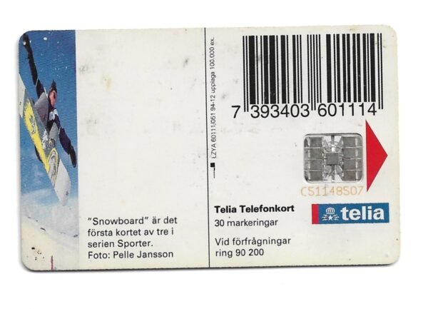 TARJETA TELEFONICA SUECIA 30 UNIDADES DEPORTE SNOWBOARD 1994