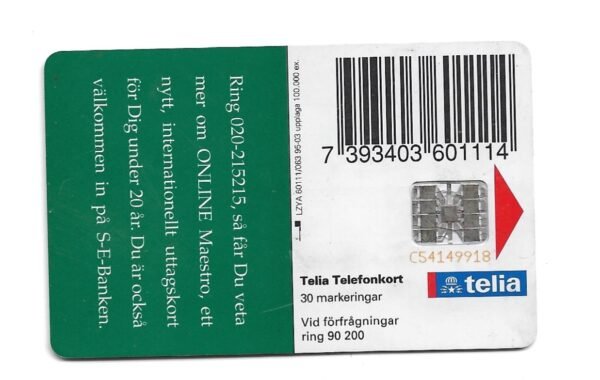 TARJETA TELEFONICA SUECIA 30 UNIDADES S-E-BANKEN 1995