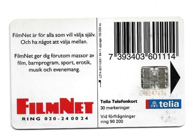 TARJETA TELEFONICA SUECIA 30 UNIDADES FILMNET 1994