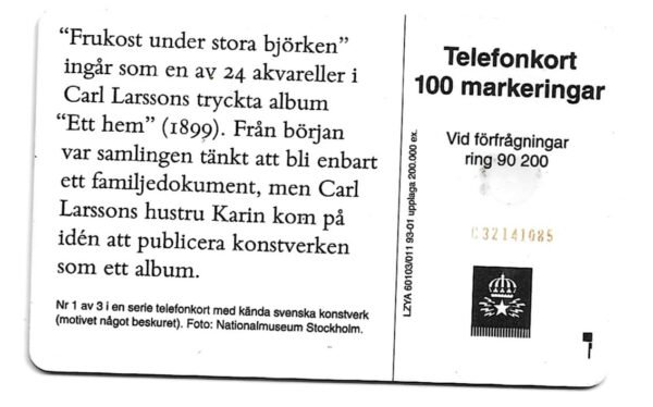 TARJETA TELEFONICA SUECIA 100 UNIDADES ARTE 1993