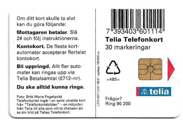 TARJETA TELEFONICA SUECIA 30 UNIDADES PUEBLO 1996