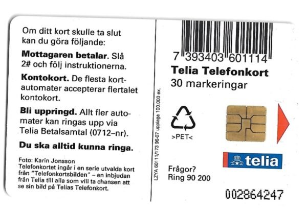 TARJETA TELEFONICA SUECIA 30 UNIDADES ARTE 1996
