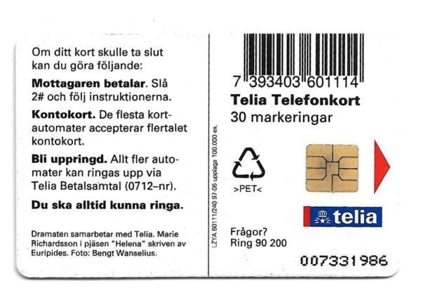 TARJETA TELEFONICA SUECIA 30 UNIDADES PUBLICIDAD 1997