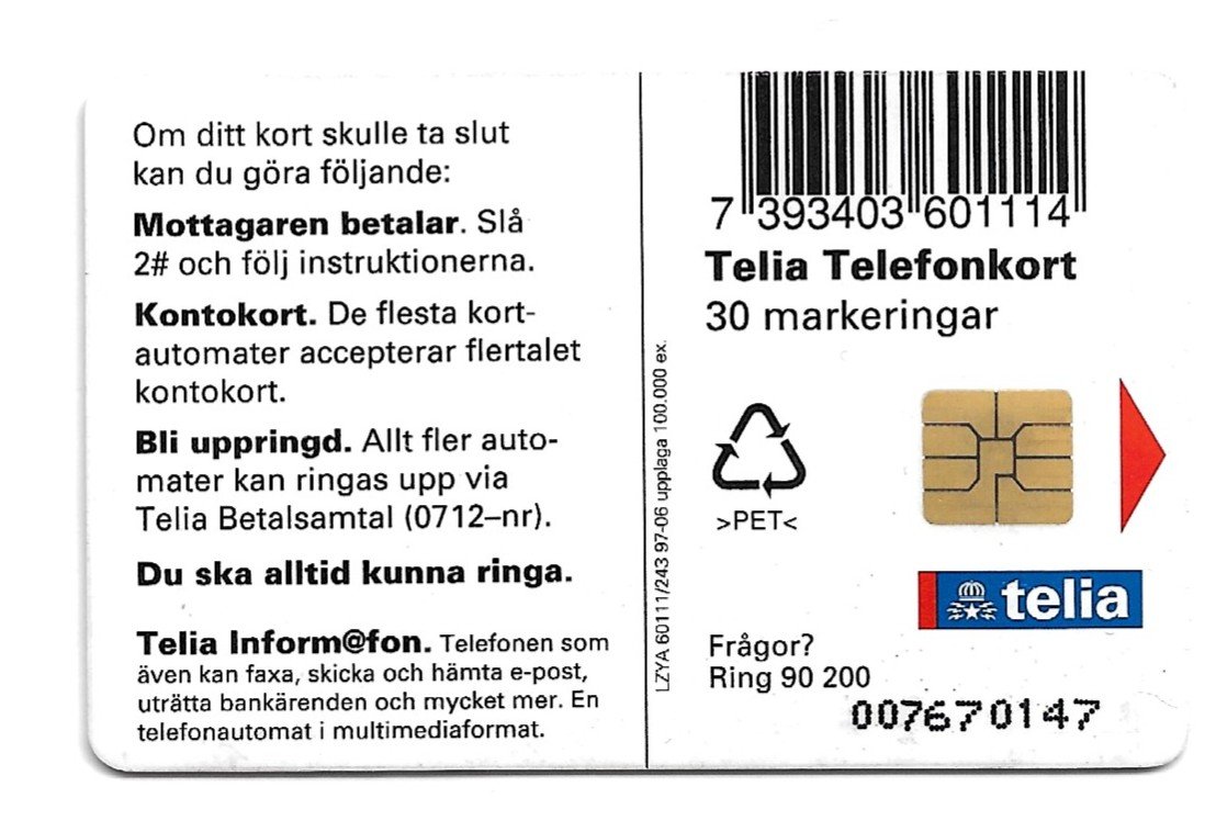 TARJETA TELEFONICA SUECIA 30 UNIDADES PUBLICIDAD 1997