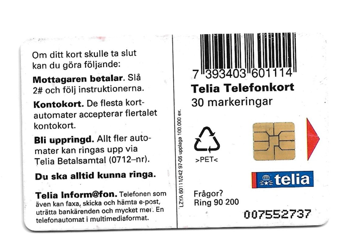 TARJETA TELEFONICA SUECIA 30 UNIDADES PUBLICIDAD 1997