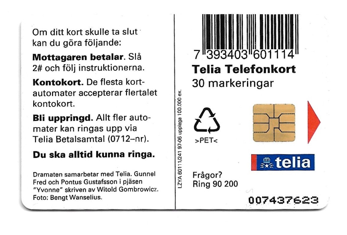 TARJETA TELEFONICA SUECIA 30 UNIDADES PUBLICIDAD 1997