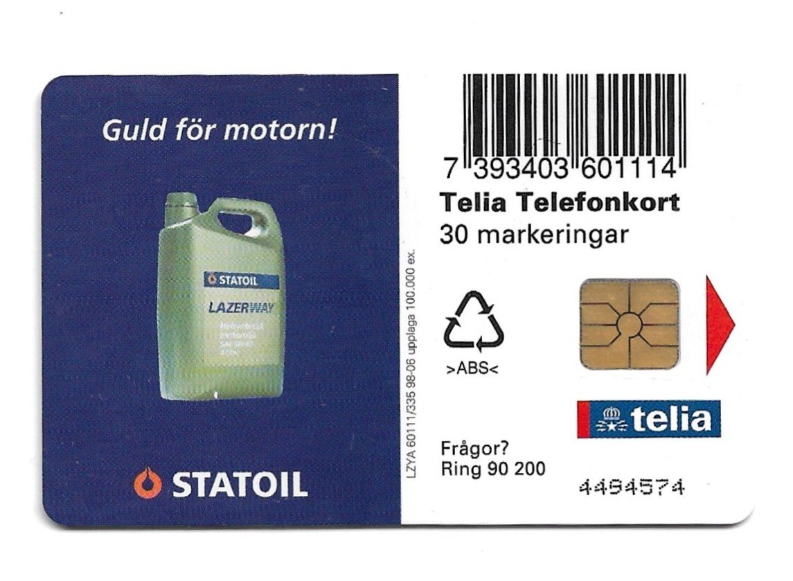 TARJETA TELEFONICA SUECIA 30 UNIDADES STATOIL 1998