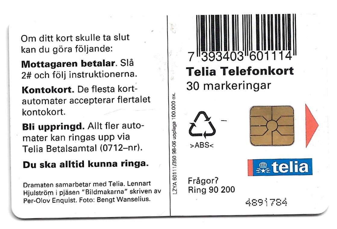 TARJETA TELEFONICA SUECIA 30 UNIDADES PUBLICIDAD 1998