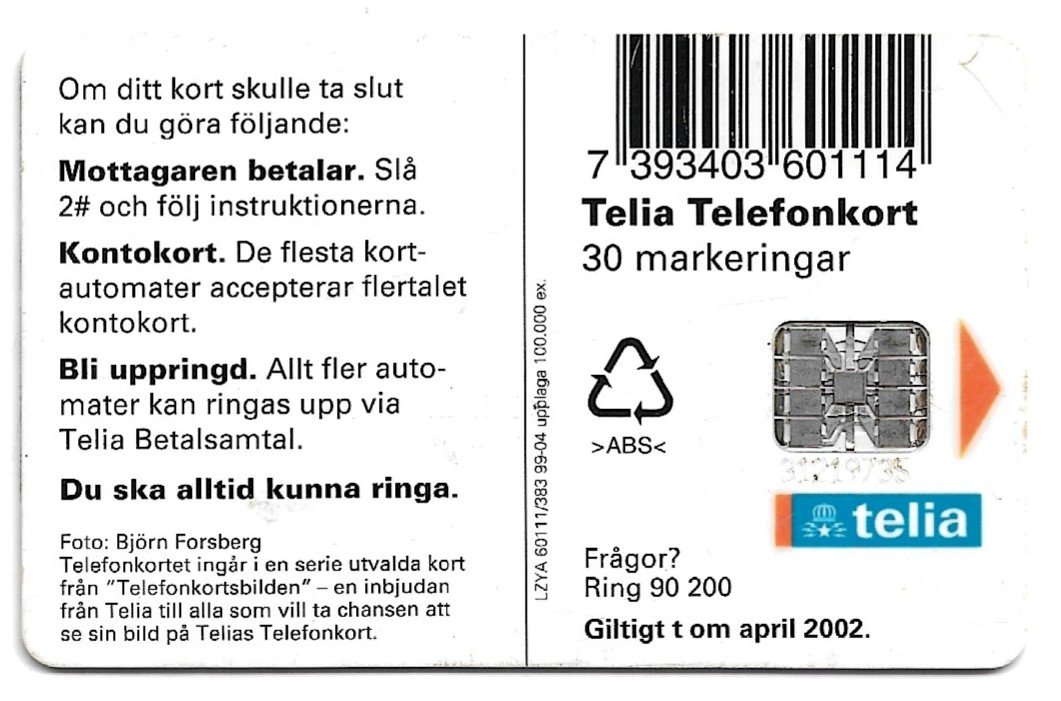 TARJETA TELEFONICA SUECIA 30 UNIDADES FAUNA 1999