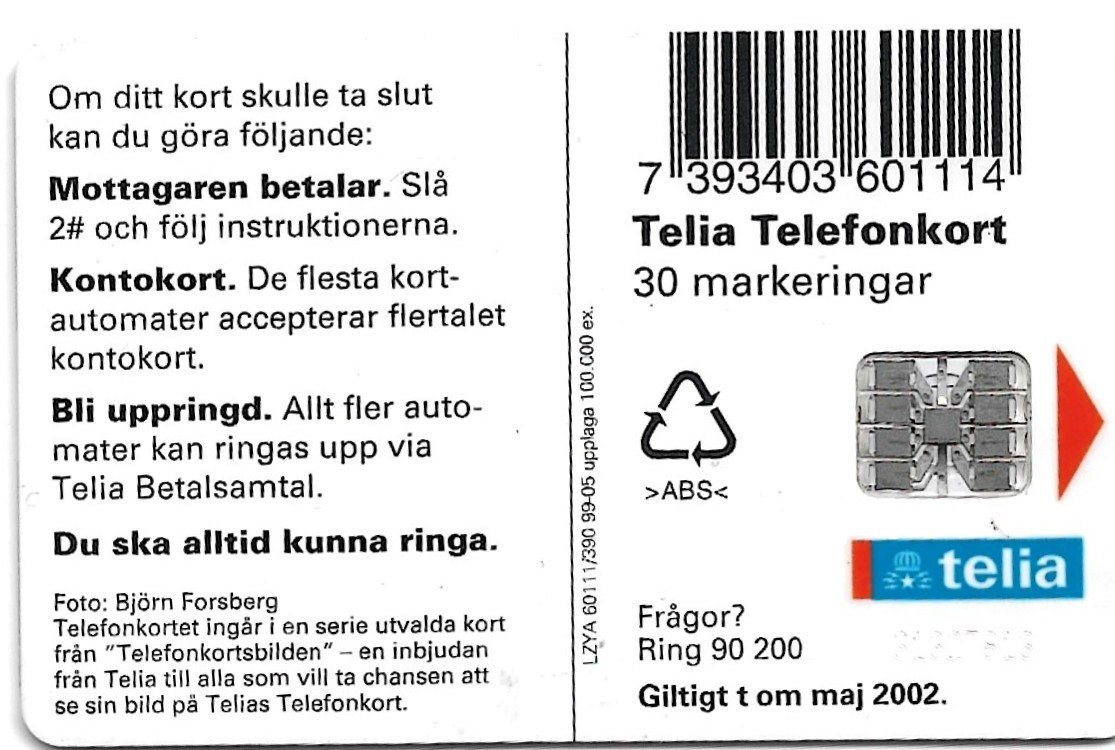 TARJETA TELEFONICA SUECIA 30 UNIDADES FAUNA 1999