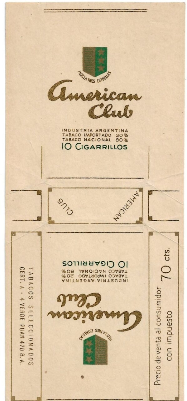 MARQUILLA AMERICAN CLUB 10 CIGARRILLOS INDUSTRIA ARGENTINA SOFT