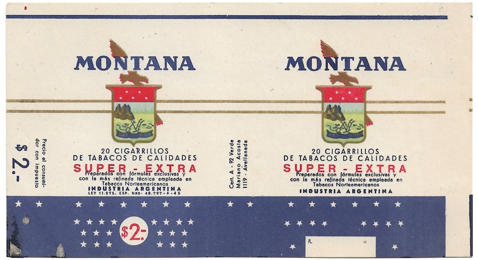 MARQUILLA MONTANA 20 CIGARRILLOS INDUSTRIA ARGENTINA SOFT