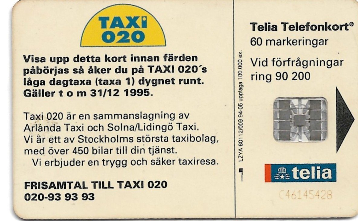 TARJETA TELEFONICA SUECIA 60 UNIDADES TAXI 020 1994