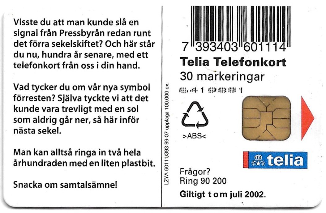 TARJETA TELEFONICA SUECIA 30 UNIDADES PUBLICIDAD 1999