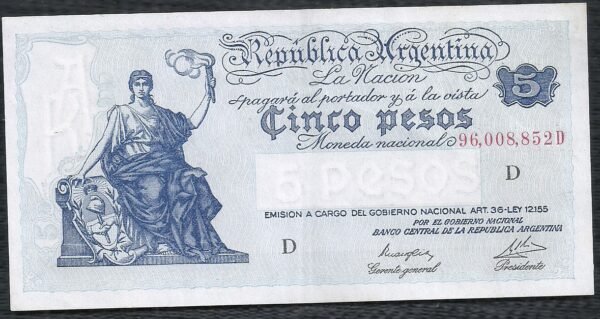 ARGENTINA BILLETE PROGRESO 5 PESOS BOT 1854 XF++