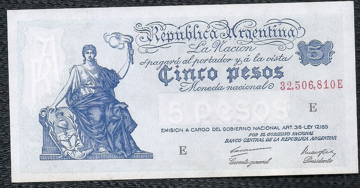 ARGENTINA BILLETE PROGRESO 5 PESOS BOT 1858 UNC
