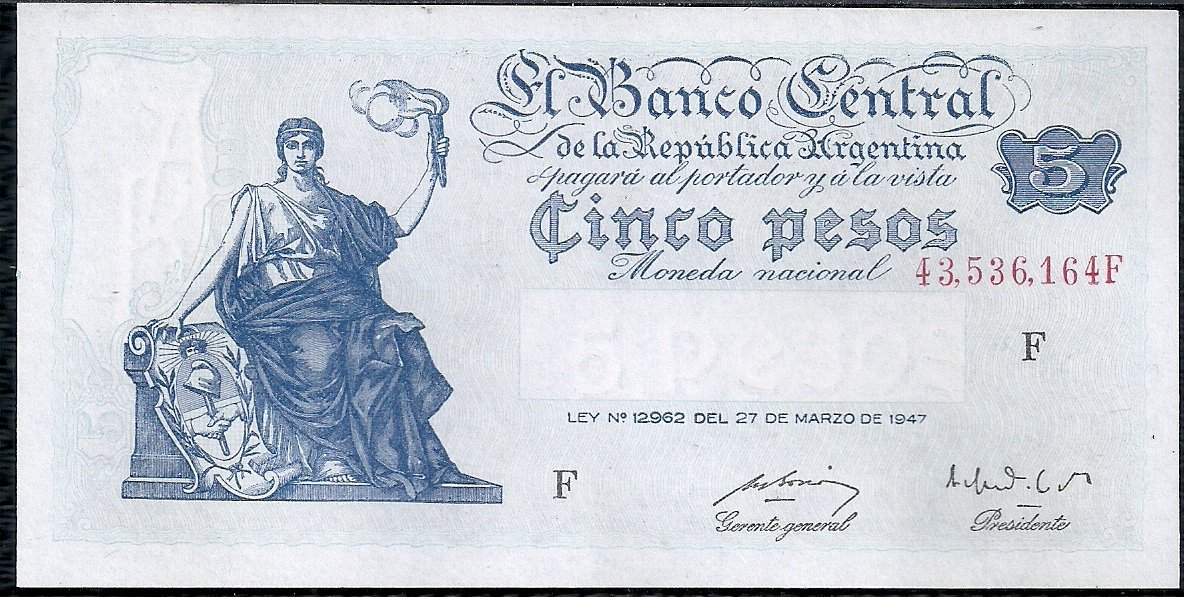 ARGENTINA BILLETE PROGRESO 5 PESOS BOT 1861 AU