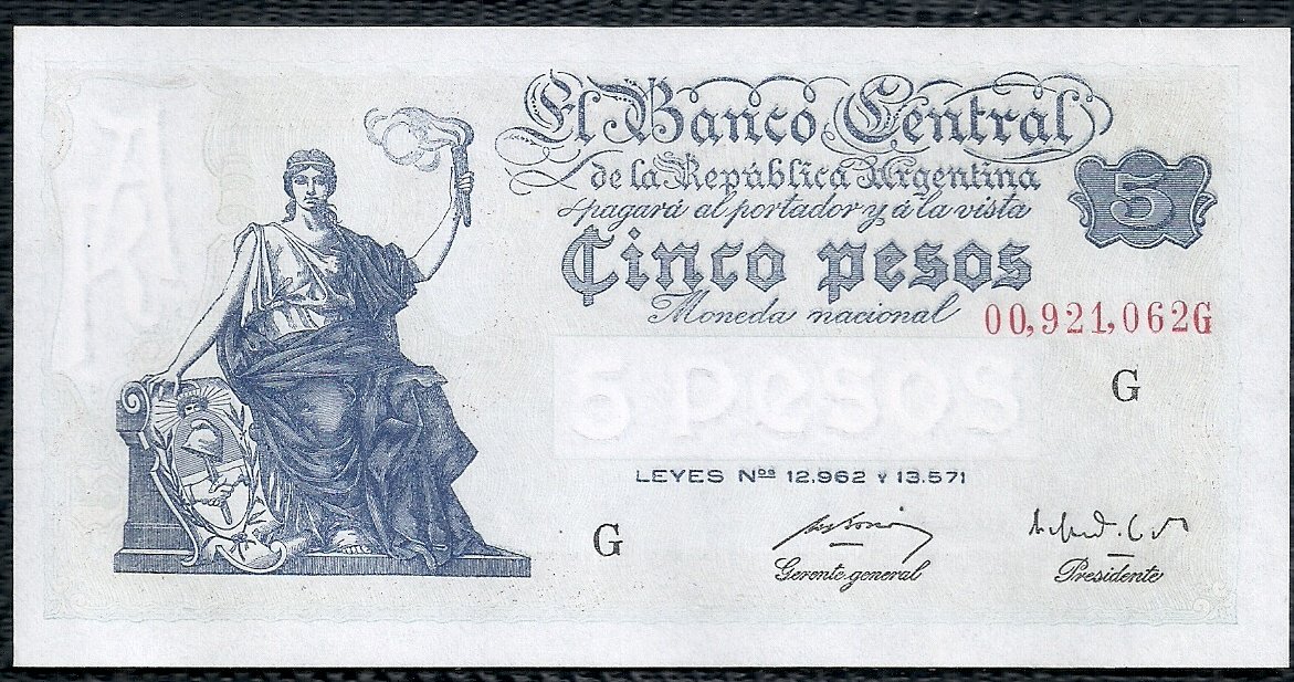 ARGENTINA BILLETE PROGRESO 5 PESOS BOT 1862 UNC