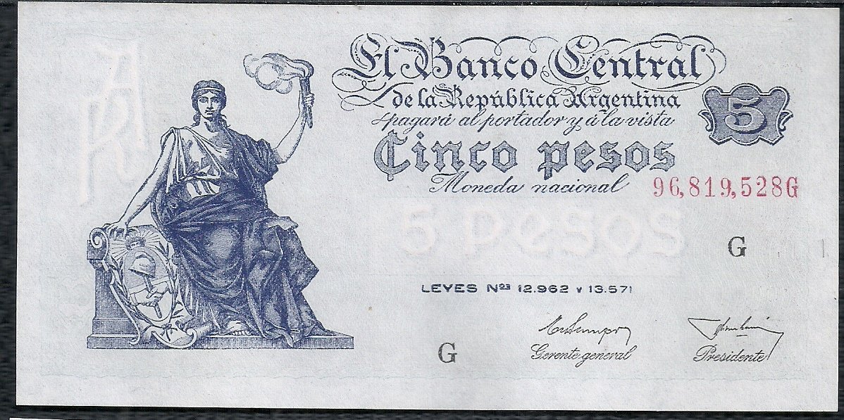 ARGENTINA BILLETE PROGRESO 5 PESOS BOT 1868 UNC