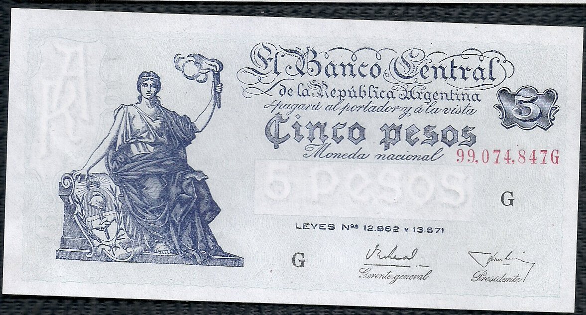 ARGENTINA BILLETE PROGRESO 5 PESOS BOT 1869 AU