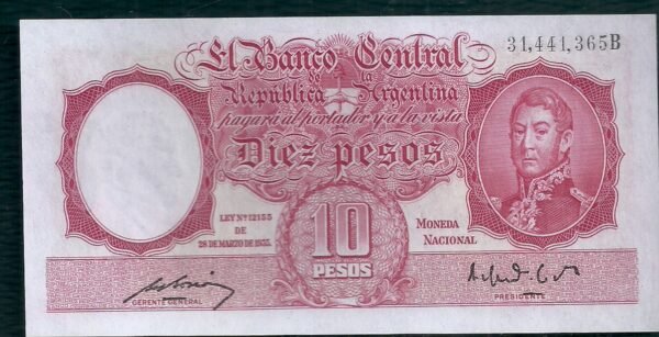 ARGENTINA BILLETE MONEDA NACIONAL 10 PESOS BOT 1941 UNC