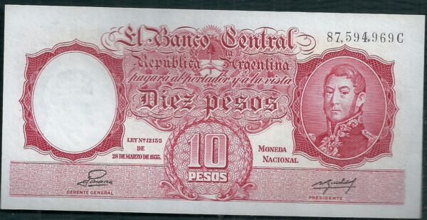 ARGENTINA BILLETE MONEDA NACIONAL 10 PESOS BOT 1946 UNC
