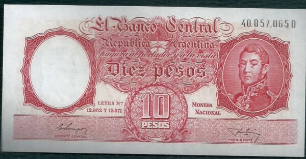 ARGENTINA BILLETE MONEDA NACIONAL 10 PESOS BOT 1952 UNC