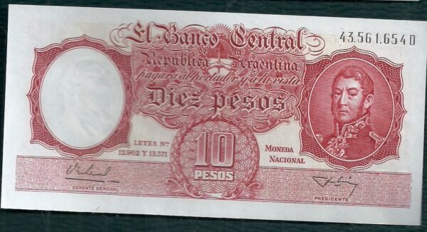 ARGENTINA BILLETE MONEDA NACIONAL 10 PESOS BOT 1954 UNC