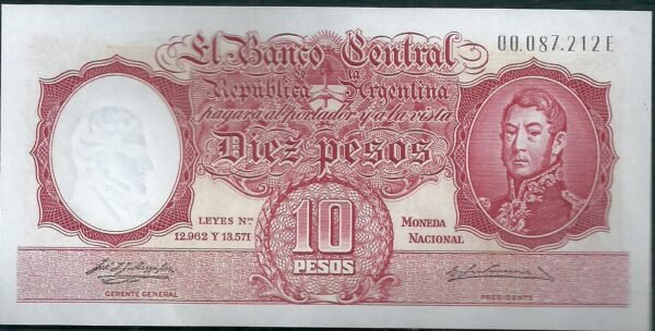 ARGENTINA BILLETE MONEDA NACIONAL 10 PESOS BOT 1958 UNC