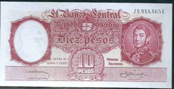 ARGENTINA BILLETE MONEDA NACIONAL 10 PESOS BOT 1962 UNC