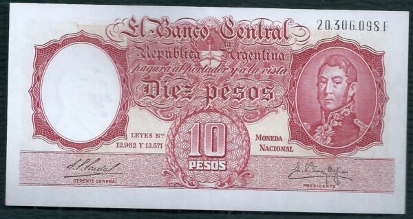 ARGENTINA BILLETE MONEDA NACIONAL 10 PESOS BOT 1967 AU