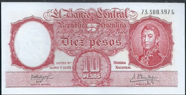 ARGENTINA BILLETE MONEDA NACIONAL 10 PESOS BOT 1972 AU