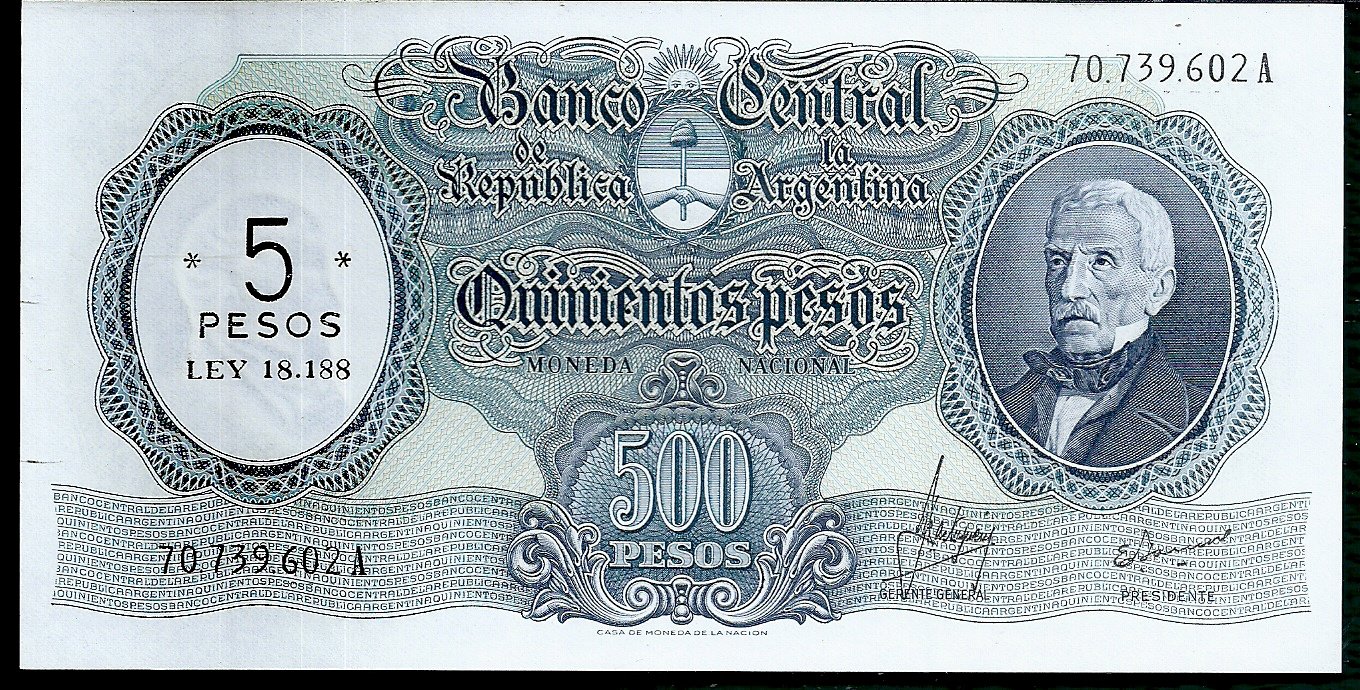 ARGENTINA BILLETE MONEDA NACIONAL 500 PESOS RESELLADO A 5 PESO BOT 2207 UNC