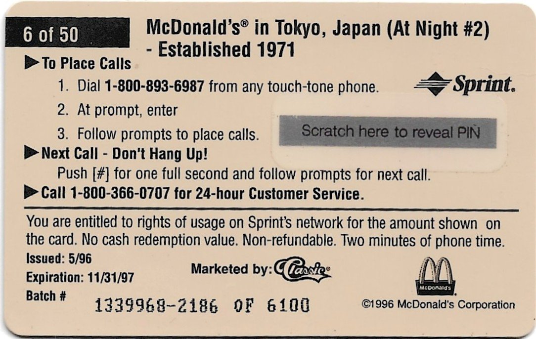 TARJETA TELEFONICA PREPAGA EDICIÓN MCDONALD ´S TOKYO , JAPON $2