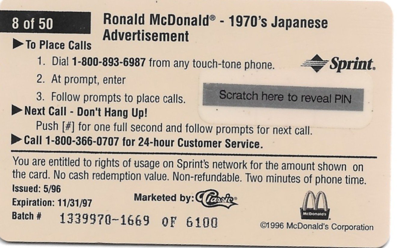 TARJETA TELEFONICA PREPAGA EDICIÓN MCDONALD ´S $2