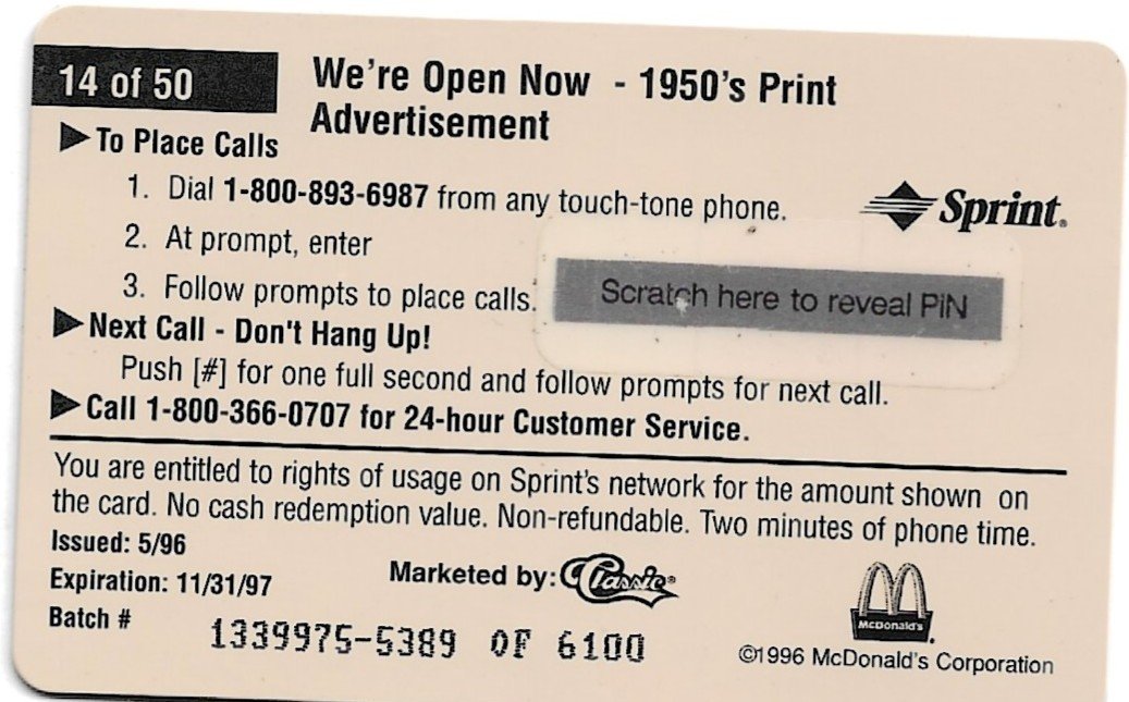 TARJETA TELEFONICA PREPAGA EDICIÓN MCDONALD ´S $2