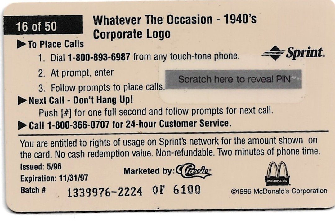 TARJETA TELEFONICA PREPAGA EDICIÓN MCDONALD ´S $2