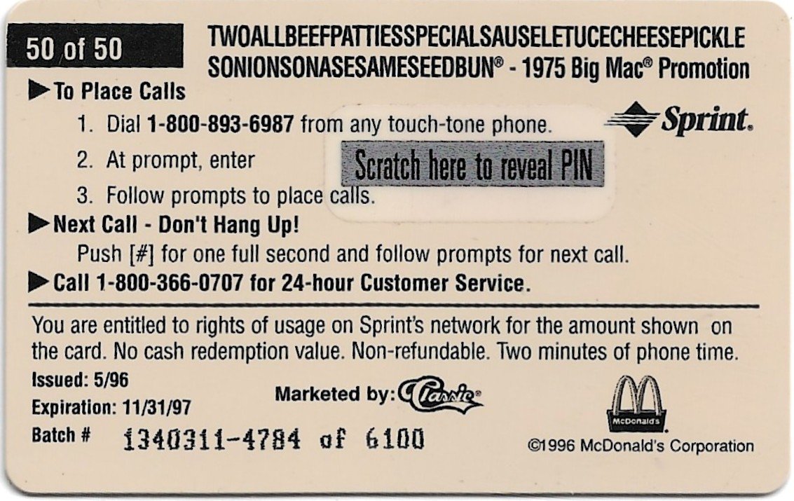 TARJETA TELEFONICA PREPAGA EDICIÓN MCDONALD ´S $2