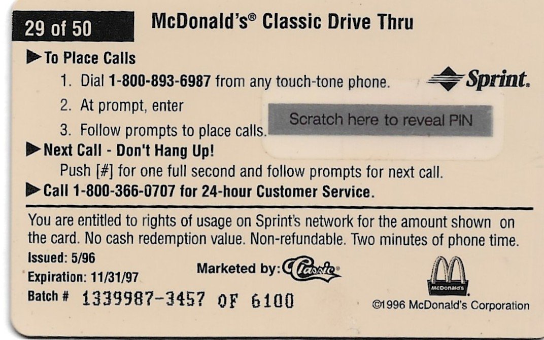 TARJETA TELEFONICA PREPAGA EDICIÓN MCDONALD ´S $2