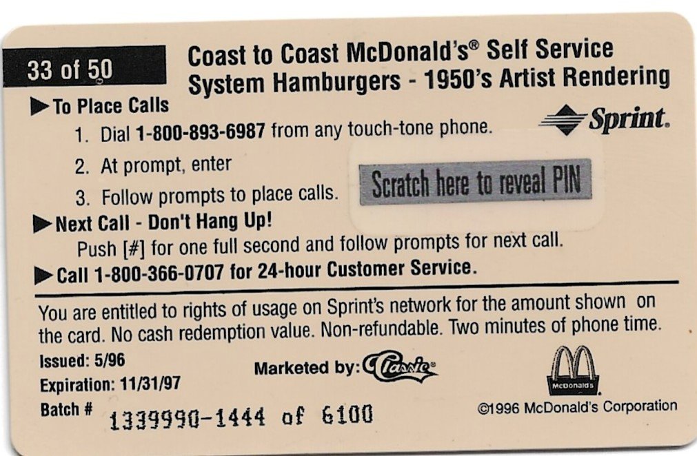 TARJETA TELEFONICA PREPAGA EDICIÓN MCDONALD ´S $2