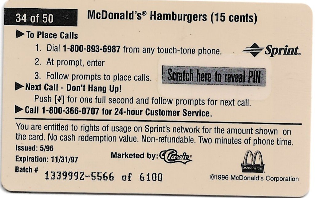 TARJETA TELEFONICA PREPAGA EDICIÓN MCDONALD ´S $2