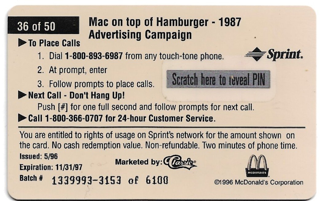 TARJETA TELEFONICA PREPAGA EDICIÓN MCDONALD ´S $2