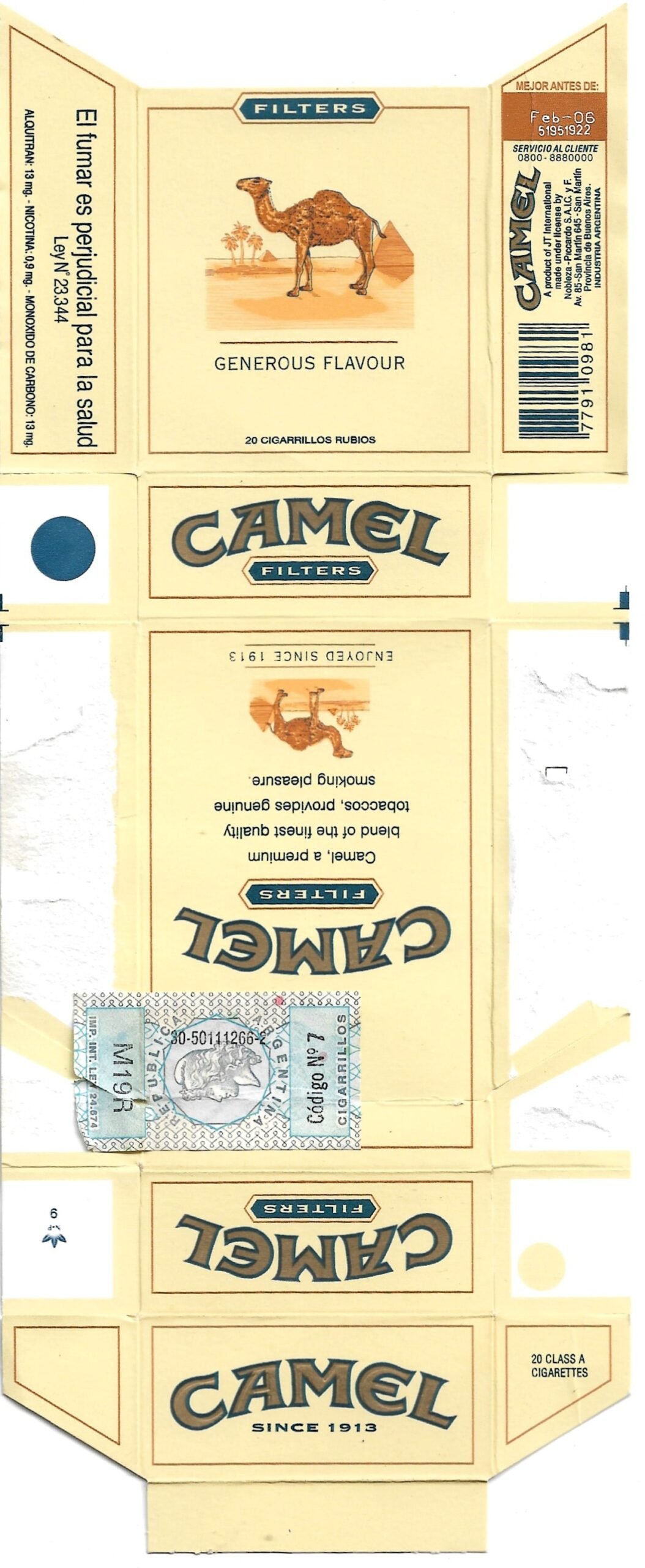 MARQUILLA CAMEL 10 CIGARRILLOS INDUSTRIA ARGENTINA BOX