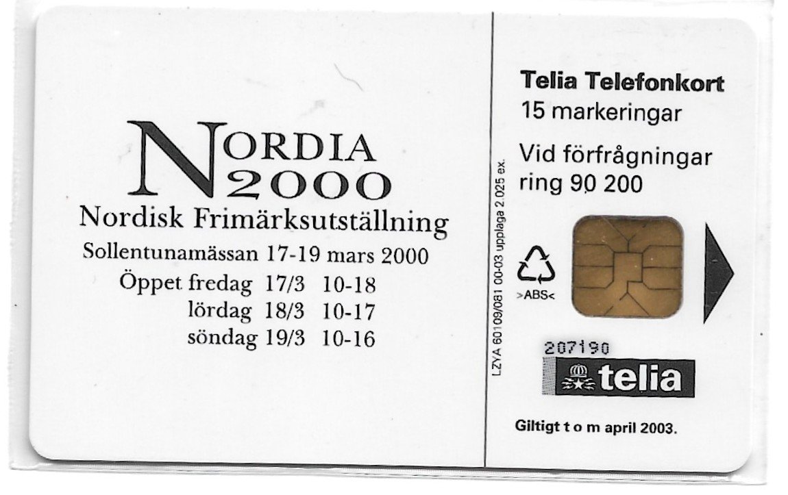 TARJETA TELEFONICA SUECIA 15 UNIDADES SVERIGE 1 3O 2000